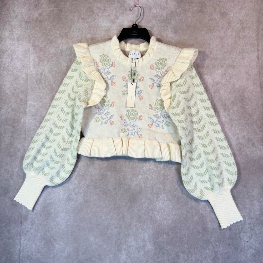 Mable 2 Piece Sweater Skirt Set Women Small Cream Floral Knit Co-ord Cottage - Picture 9 of 16